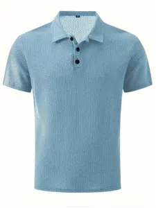 Detail view of light blue mesh ice silk polo shirt for men