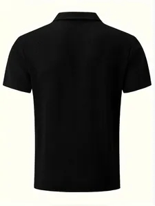 Back view of a black short sleeve waffle knit polo shirt with breathable mesh texture