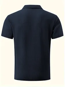 Back perspective of a premium navy blue ice silk waffle mesh short sleeve polo shirt for men