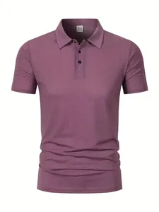 A close-up front view of a premium purple men's mesh ice silk polo shirt with collar.