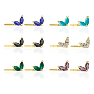 Close-up detail of marquise-cut zircon stud earrings in multiple colors with S925 silver stamp