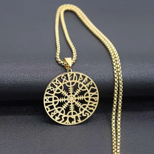 Viking Nordic Odin stainless steel compass pendant necklace for men in golden finish