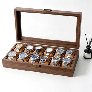 Vintage Wood Grain PU Leather Watch Organizer Jewelry Storage Case Double Layer Multi Compartment Display Holder With Glass Lid Metal Lock For Men Women