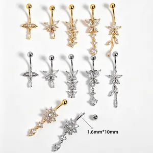 Elegant zircon belly button rings with butterfly and flower designs, 1.6mm size detail.