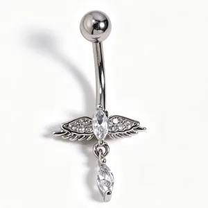 Close-up of angel wing navel ring with marquise and round zircon accents
