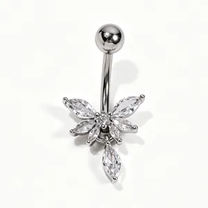 Detailed macro view of a silver butterfly belly button ring with sparkling zircon tassels