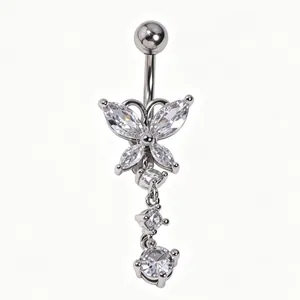 Close-up detail of a silver butterfly belly button ring featuring sparkling zircon tassels