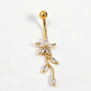 Elegant gold flower belly button ring with sparkling cubic zirconia leaf tassels