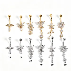 Elegant butterfly zircon navel rings for women in various gold and silver tassel designs