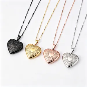 Stainless Steel Heart Locket Necklace For Photo Floral Engraved Vintage Pendant Necklace For Men Women Minimalist Fashion Jewelry