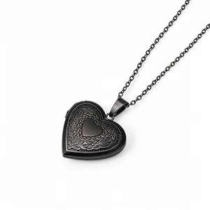 Black stainless steel heart locket necklace with floral engraving for family photos