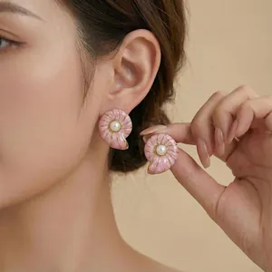 Elegant pink conch shell pearl stud earrings for women crafted in 304 stainless steel