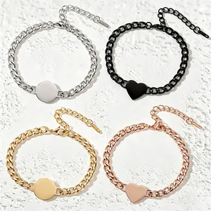 Bracelet Chaîne Cubaine en Acier Inoxydable Minimaliste Avec Pendentif Rond Cœur Vide Bijoux en Métal pour Hommes Femmes