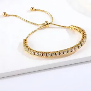 Tennis Bracelet Adjustable Stainless Steel Round Colored Zircon Micro Pave Slider Chain Jewelry For Women