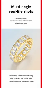 Close-up detail of a gold-plated S925 sterling silver ring with emerald-cut moissanite stones