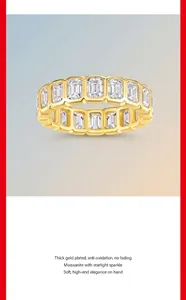 Detailed view of a gold-plated eternity ring featuring emerald-cut moissanite stones