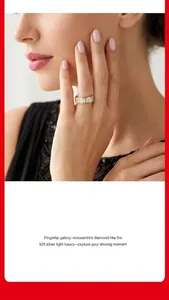 Close-up of elegant gold 925 silver ring with radiant emerald-cut moissanite stones