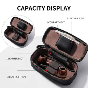 Detailed interior view of a leather pipe organizer bag showing slots and straps.