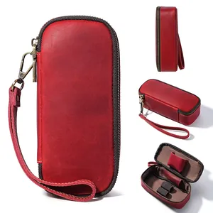 Detailed view showing red leather pipe tobacco case interior and various exterior angles.