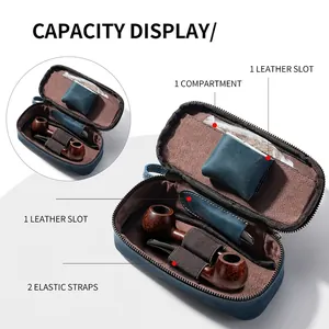 Internal view of a vintage leather pipe storage bag with straps and compartments