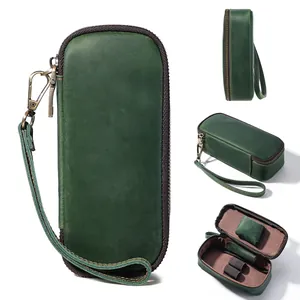 Multi-angle views of a green leather pipe case showing interior storage and exterior design
