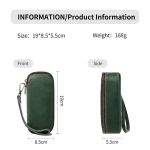 Detailed dimensions and side view of vintage green genuine leather tobacco pipe storage bag