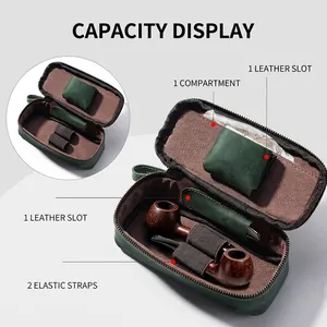 Detail view showing the interior capacity and compartments of the leather pipe travel bag