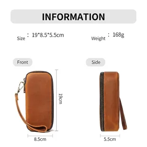 Macro view showing dimensions and weight of the vintage leather pipe storage bag.