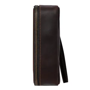 Vintage genuine leather pipe pouch travel smoking bag with zipper closure side view