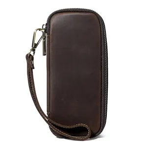 Vintage genuine leather tobacco pipe storage pouch with zipper and wrist strap