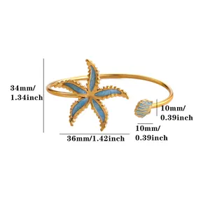 Detailed dimensions of a nautical starfish cuff bracelet in gold and blue finish