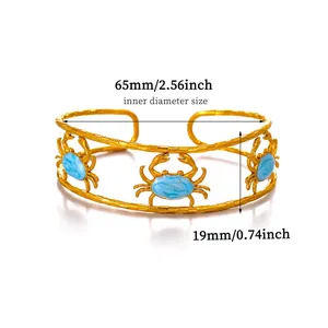 Detailed measurement view for gold crab cuff bracelet with blue enamel ocean beach jewelry