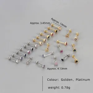 Detailed macro view of colorful heart stud earrings with screw back and precise dimensions