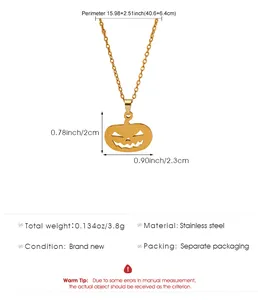 Gold stainless steel Halloween pumpkin pendant necklace showing detailed measurement data