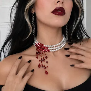 Detailed view of gothic pearl choker necklace with red blood drip beads and silver earrings.