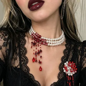 Gothic Blood Drop Tassel Choker Necklace Artificial Pearl Beaded Multilayer Neckwear For Women Halloween Party Jewelry
