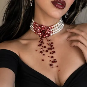 Gothic blood drip tassel beaded choker necklace for Halloween
