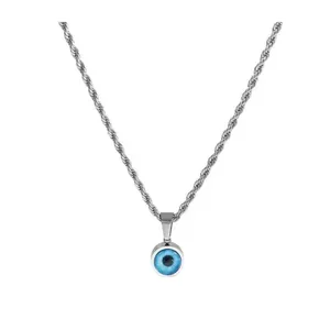 Minimalist blue Evil Eye pendant necklace with silver rope chain for men fashion jewelry