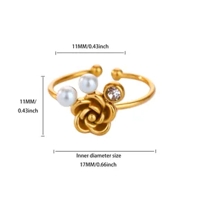 Detailed dimensions of gold rose ring with pearls and rhinestone, 17mm inner diameter.