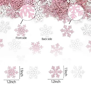 Detailweergave van roze en witte glitter sneeuwvlok confetti met afmetingen en voor/achterkant