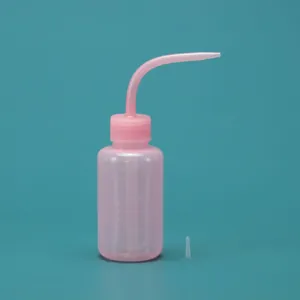 250ml pink plastic squeeze wash bottle with curved nozzle and scale for plant watering