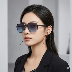 Retro Aviator Zonnebril Metaal Dubbele Brug Vierkant UV400 Gradiënt Lenzen Mode Buiten Voor Heren Dames