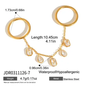 Bague en acier inoxydable dorée avec chaîne et pendentifs en cristal