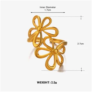 Close-up of gold stainless steel flower ring showing 1.7cm inner diameter and weight.