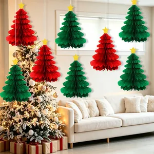 Decoraciones colgantes de árbol de Navidad en panal 3D rojas y verdes para fiestas