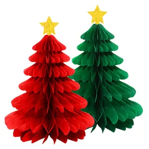 Adornos navideños de papel de nido de abeja 3D rojos y verdes con estrellas