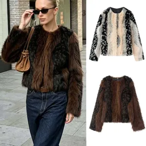 Women Elegant Faux Fur Jacket Striped Patchwork Long Sleeve Warm Winter Outerwear Casual Luxurious Short Coat For Ladies Fashion