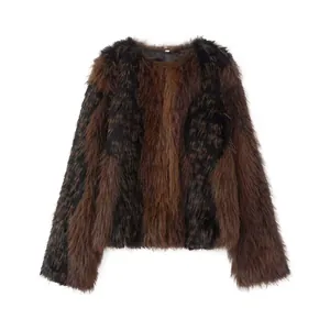 Macro view of luxurious brown and black faux fur texture on a stylish short coat.