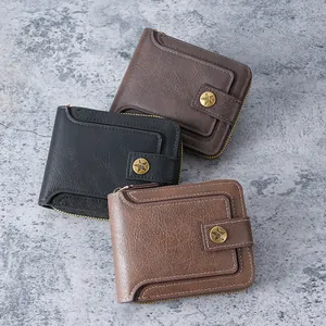 Vintage men's short wallet with zipper closure and embossed star snap button in multiple colors