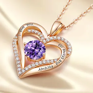 Elegant rose gold heart necklace with purple birthstone and engraved I love you message for women